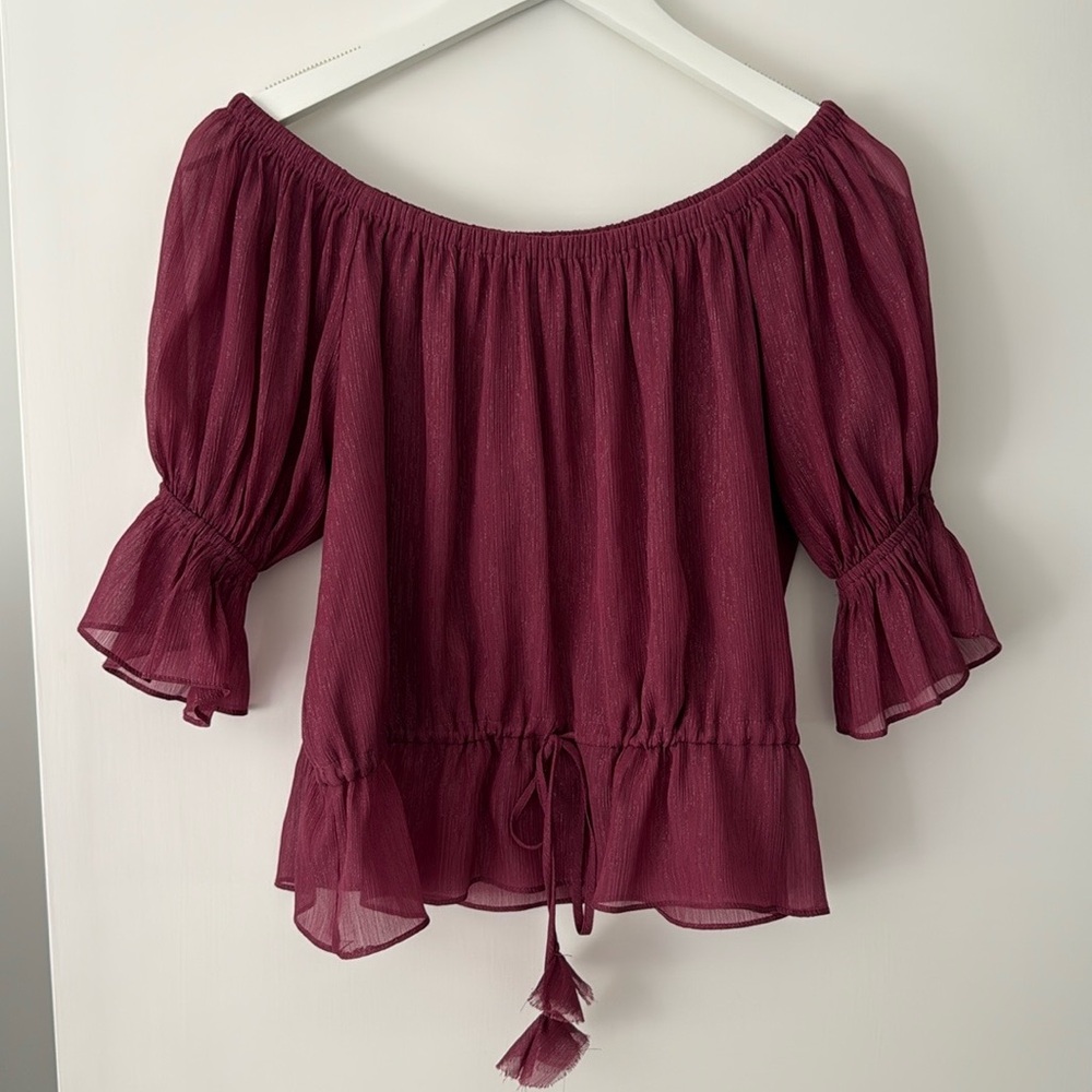 Misa Los Angeles Bordeaux color top with ruffle sleeves and elastic neckline